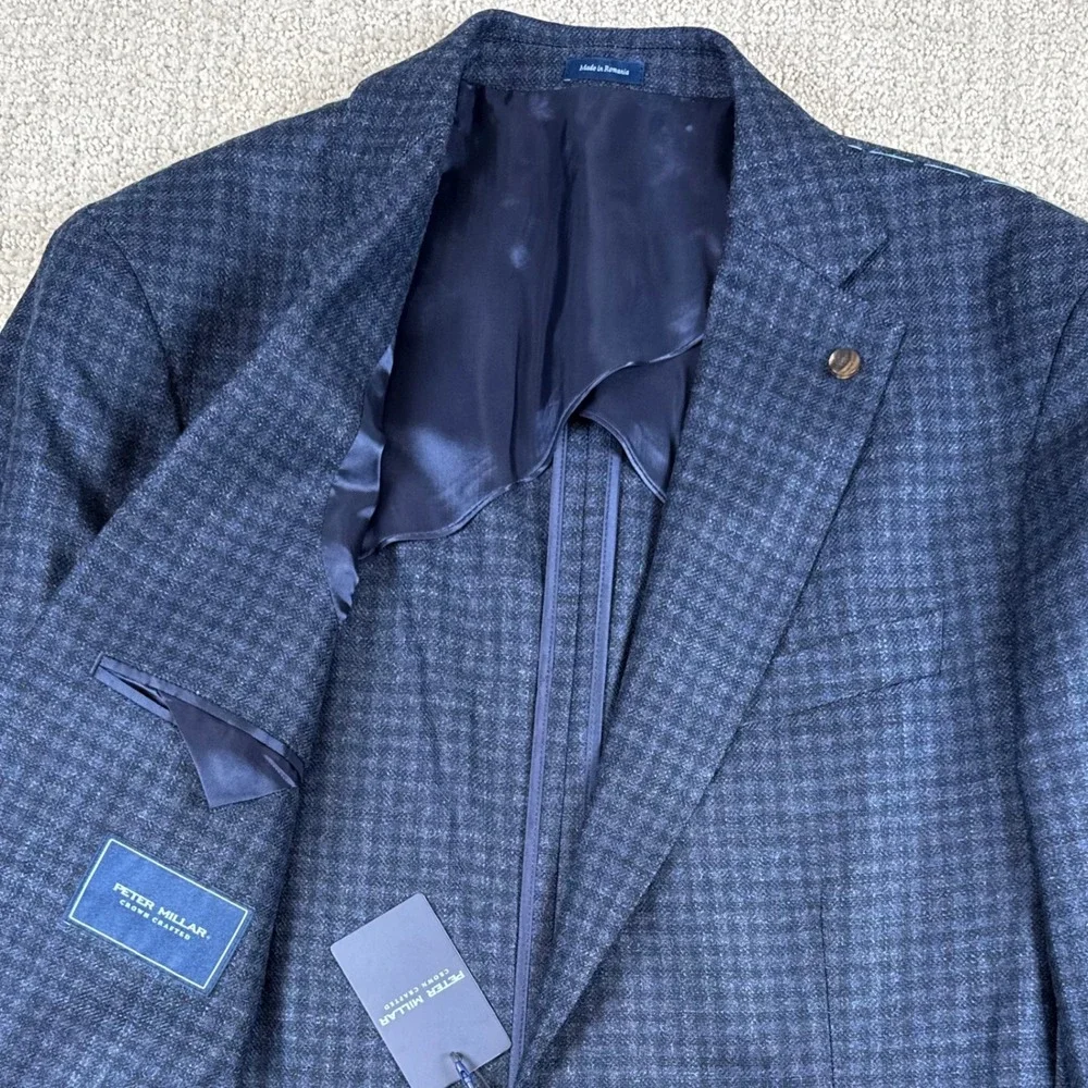 NEW Peter Millar Mens 42L Crown Crafted Navy Wool Silk Cashmere Check Blazer